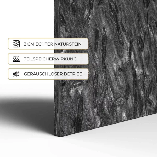 Natursteinheizung Matrix im Detail: 3 cm echter Naturstein, Teilspeicherwirkung, geräuschloser Betrieb – Luxuswärme