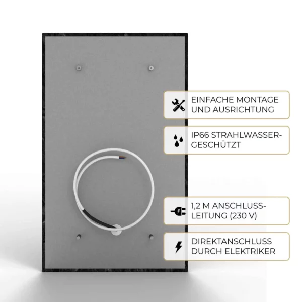 Rückseite der Natursteinheizung Matrix für Direktanschluss durch Elektrofachkraft, IP66-geschützt – Luxuswärme