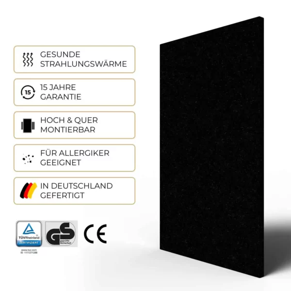 Natursteinheizung Nero Assoluto: 15 Jahre Garantie, TÜV Rheinland- und GS-zertifiziert, in Deutschland gefertigt – Luxuswärme