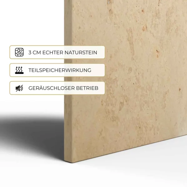 Natursteinheizung Jura im Detail: 3 cm echter Naturstein, Teilspeicherwirkung, geräuschloser Betrieb – Luxuswärme