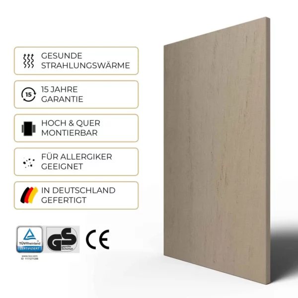 Natursteinheizung Mocca Creme: 15 Jahre Garantie, TÜV Rheinland- und GS-zertifiziert, in Deutschland gefertigt – Luxuswärme