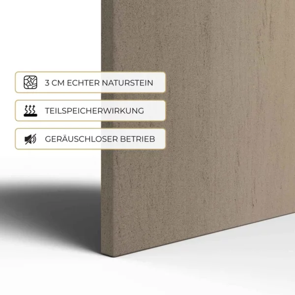 Natursteinheizung Mocca Creme im Detail: 3 cm echter Naturstein, Teilspeicherwirkung, geräuschloser Betrieb – Luxuswärme