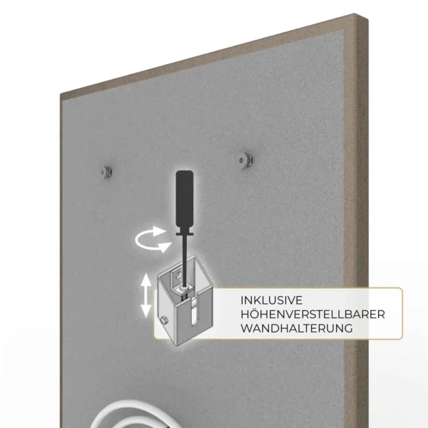 Natursteinheizung Mocca Creme mit höhenverstellbarer Wandhalterung, Montagedetail – Luxuswärme