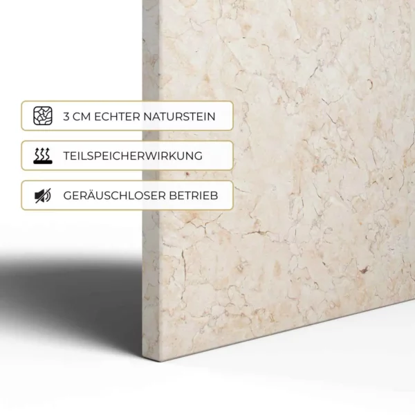 Natursteinheizung Silvia antik im Detail: 3 cm echter Naturstein, Teilspeicherwirkung, geräuschloser Betrieb – Luxuswärme