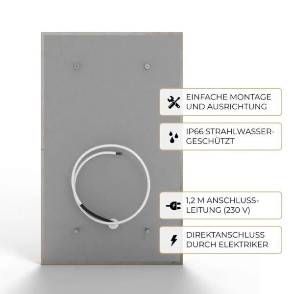Rückseite der Natursteinheizung Silvia antik für Direktanschluss durch Elektrofachkraft, IP66-geschützt – Luxuswärme