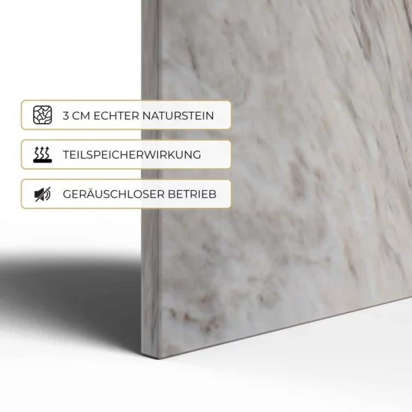 Natursteinheizung Palisandro im Detail: 3 cm echter Naturstein, Teilspeicherwirkung, geräuschloser Betrieb – Luxuswärme