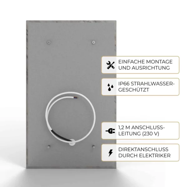 Rückseite der Natursteinheizung Palisandro für Direktanschluss durch Elektrofachkraft, IP66-geschützt – Luxuswärme