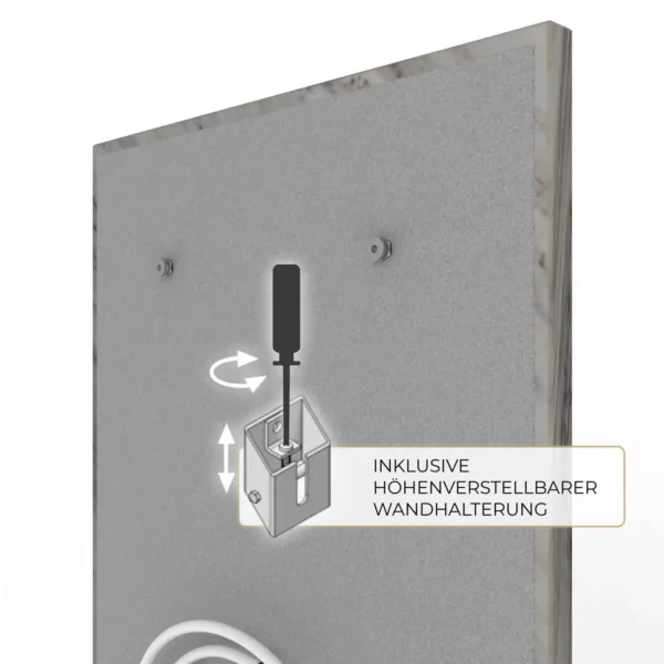 Natursteinheizung Palisandro mit höhenverstellbarer Wandhalterung, Montagedetail – Luxuswärme