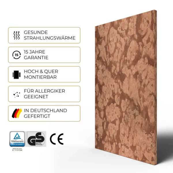 Natursteinheizung Rosso Verona: 15 Jahre Garantie, TÜV Rheinland- und GS-zertifiziert, in Deutschland gefertigt – Luxuswärme