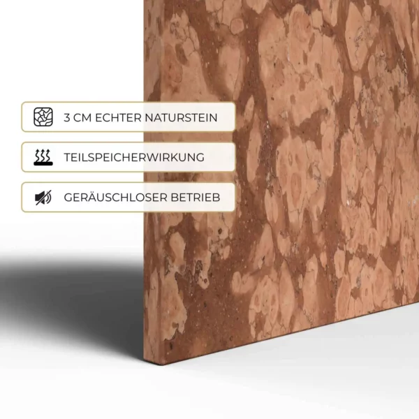 Natursteinheizung Rosso Verona im Detail: 3 cm echter Naturstein, Teilspeicherwirkung, geräuschloser Betrieb – Luxuswärme