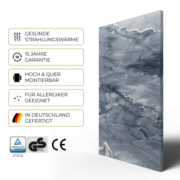 Natursteinheizung Valentina Grey: 15 Jahre Garantie, TÜV Rheinland- und GS-zertifiziert, in Deutschland gefertigt – Luxuswärme