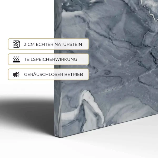 Natursteinheizung Valentina Grey im Detail: 3 cm echter Naturstein, Teilspeicherwirkung, geräuschloser Betrieb – Luxuswärme