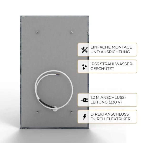 Rückseite der Natursteinheizung Valentina Grey für Direktanschluss durch Elektrofachkraft, IP66-geschützt – Luxuswärme
