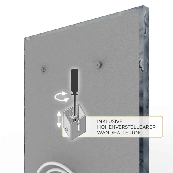 Natursteinheizung Valentina Grey mit höhenverstellbarer Wandhalterung, Montagedetail – Luxuswärme
