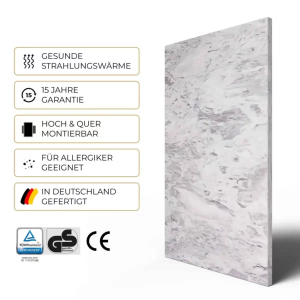 Natursteinheizung Varios: 15 Jahre Garantie, TÜV Rheinland- und GS-zertifiziert, in Deutschland gefertigt – Luxuswärme