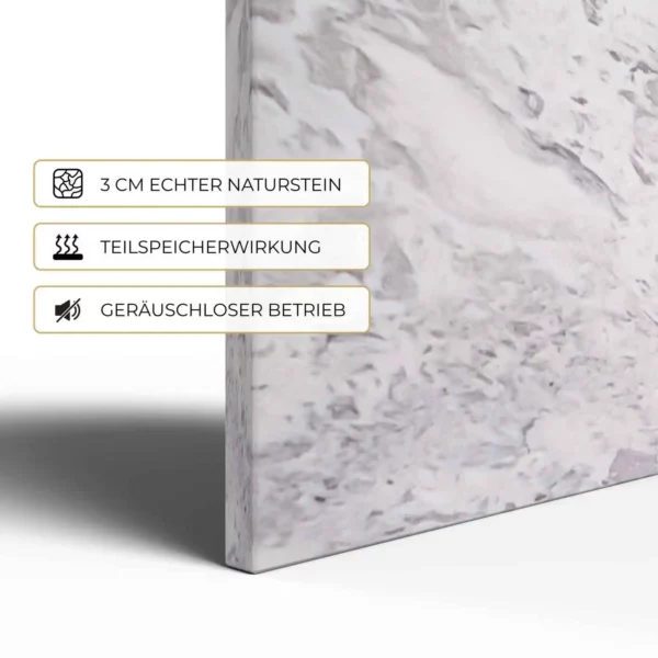 Natursteinheizung Varios im Detail: 3 cm echter Naturstein, Teilspeicherwirkung, geräuschloser Betrieb – Luxuswärme