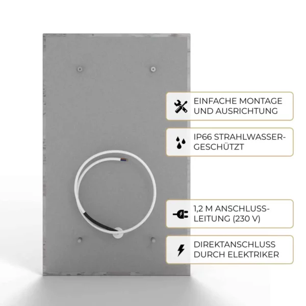 Rückseite der Natursteinheizung Varios für Direktanschluss durch Elektrofachkraft, IP66-geschützt – Luxuswärme