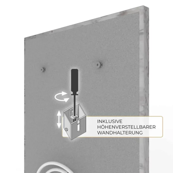 Natursteinheizung Varios mit höhenverstellbarer Wandhalterung, Montagedetail – Luxuswärme
