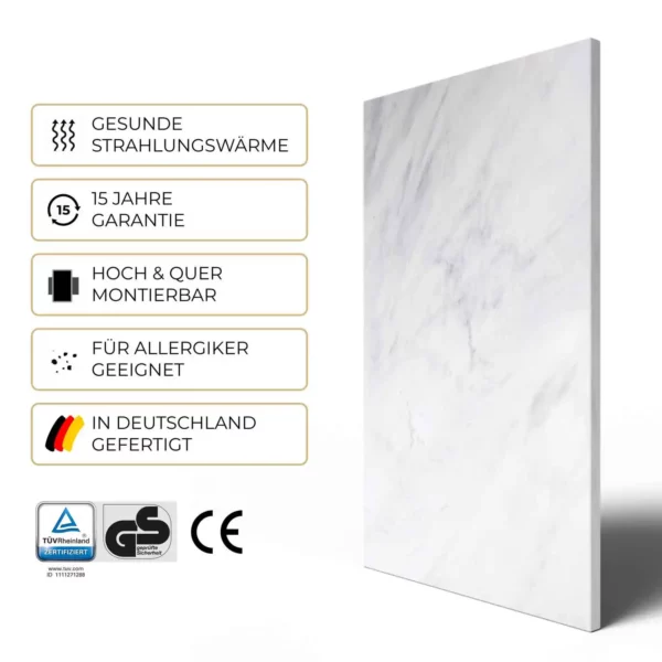 Natursteinheizung Volakas: 15 Jahre Garantie, TÜV Rheinland- und GS-zertifiziert, in Deutschland gefertigt – Luxuswärme