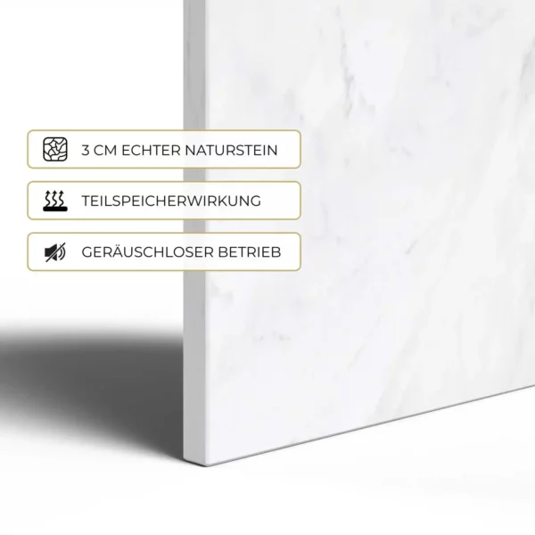 Natursteinheizung Volakas im Detail: 3 cm echter Naturstein, Teilspeicherwirkung, geräuschloser Betrieb – Luxuswärme