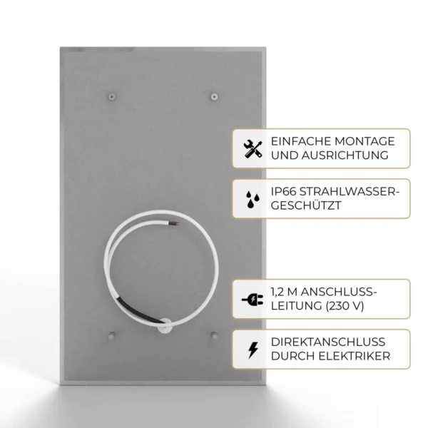 Rückseite der Natursteinheizung Volakas für Direktanschluss durch Elektrofachkraft, IP66-geschützt – Luxuswärme
