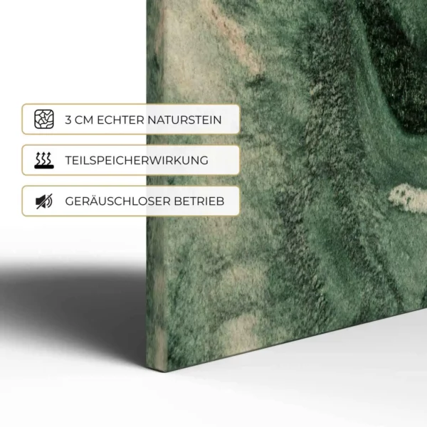 Natursteinheizung Atlantis im Detail: 3 cm echter Naturstein, Teilspeicherwirkung, geräuschloser Betrieb – Luxuswärme
