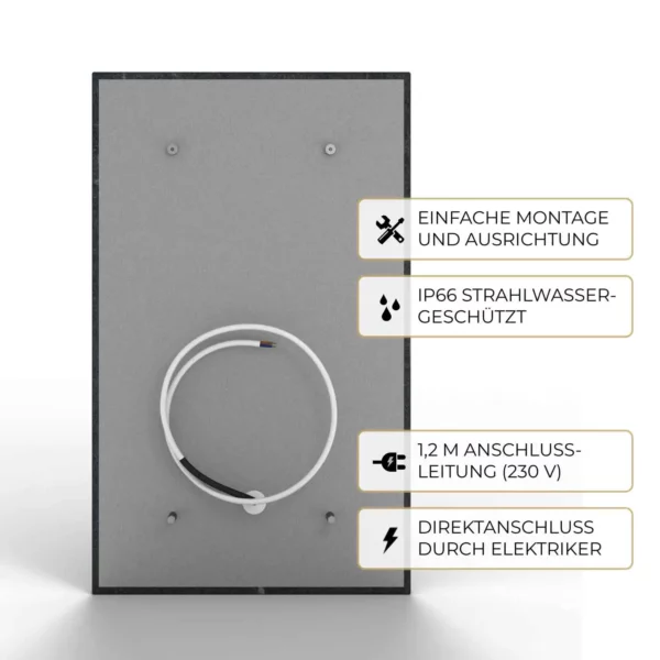 Rückseite der Natursteinheizung Speckstein für Direktanschluss durch Elektrofachkraft, IP66-geschützt – Luxuswärme