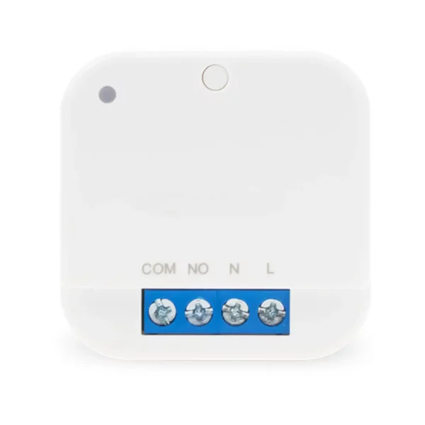 Salus SR868 Funk-Unterputz-Relais von oben mit LED-Anzeige und Pairing-Taste